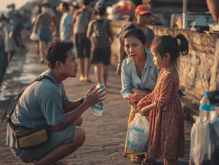 Childcare Support 2026 – Caregiver assisting a foreign family at crowded attractions in Bali