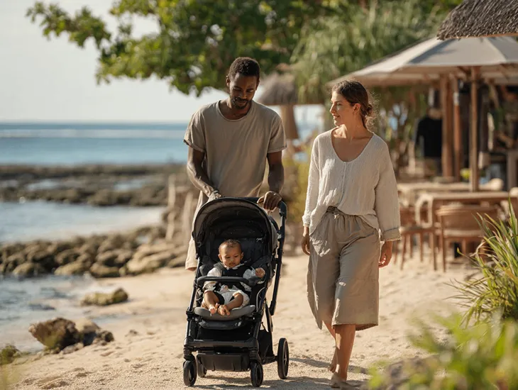 Babysitter in Bali 2026 – Essential sun protection and hydration for babies on a tropical beach