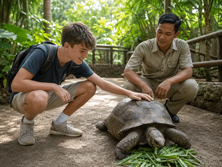 Bali Reptile Park Python Experience 2026 – Child safely interacting with a gentle tortoise under expert staff supervision