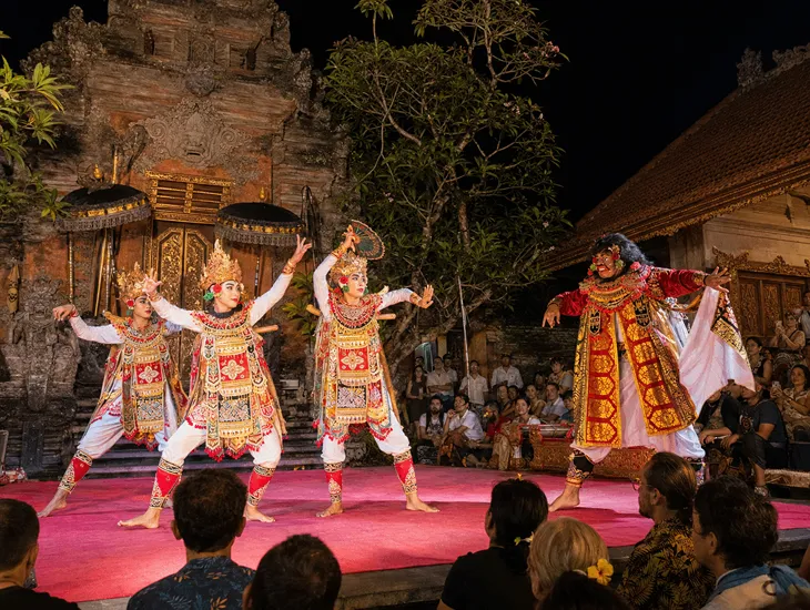 Ubud Palace Legong Dance 2026 – Young traditional performers in vibrant costumes entertaining families