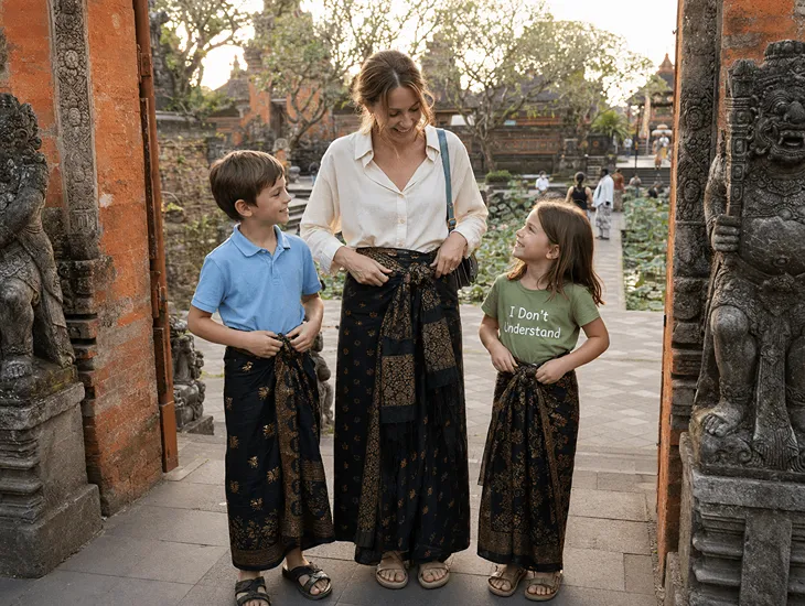 Saraswati Temple Ubud – families prepare modest outfits, sashes, and sun-safe packs so children are temple-ready before arrival, avoiding stressful delays at crowded entry gates.