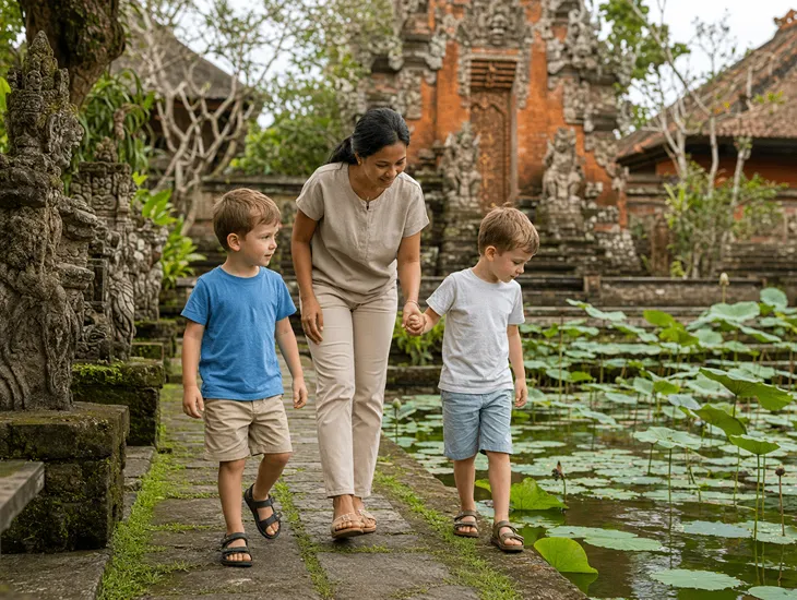 Babysitter in Bali 2026 – real story at Saraswati Temple Ubud, where a vetted caregiver turns a stressful toddler visit near ponds into a calm, safe cultural experience