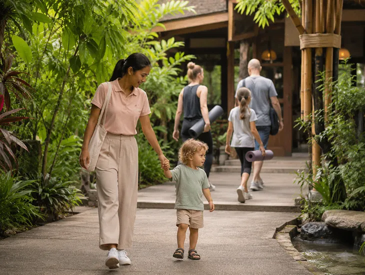 The Yoga Barn 2026 – Caregiver gently guiding a toddler near the quiet studio courtyard entrance