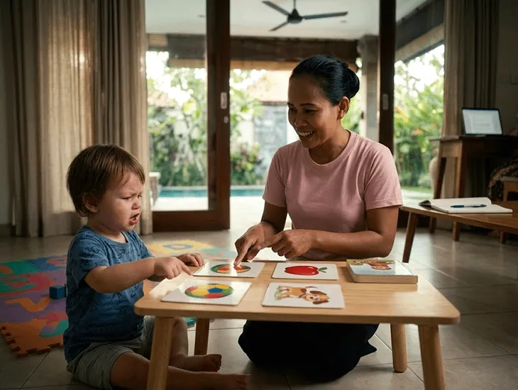 Speech Delay in Kids 2026 – early speech milestones, warning signs of delayed language, calm daily practice with babysitters in Bali