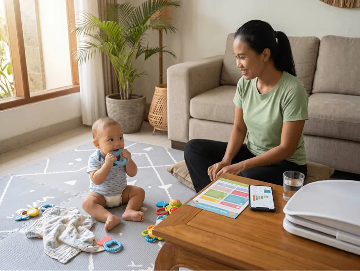 Childcare in Bali 2026 – Caregiver recording infant feeding times and amounts in a daily logbook