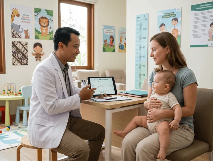 Pediatrician in Bali 2026 – Parent consulting pediatrician with healthy infant in a local clinic