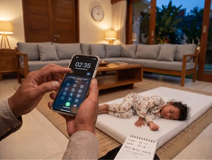 Babysitter First Aid in Indonesia 2026 - A professional timing an emergency event using a mobile phone.