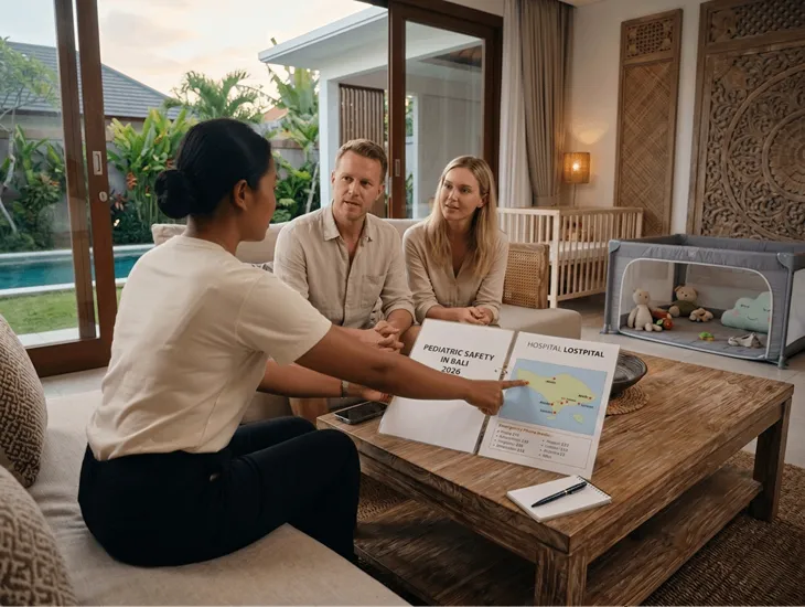 Pediatric Safety in Bali 2026 - Caregiver explaining an emergency plan to expatriate parents.