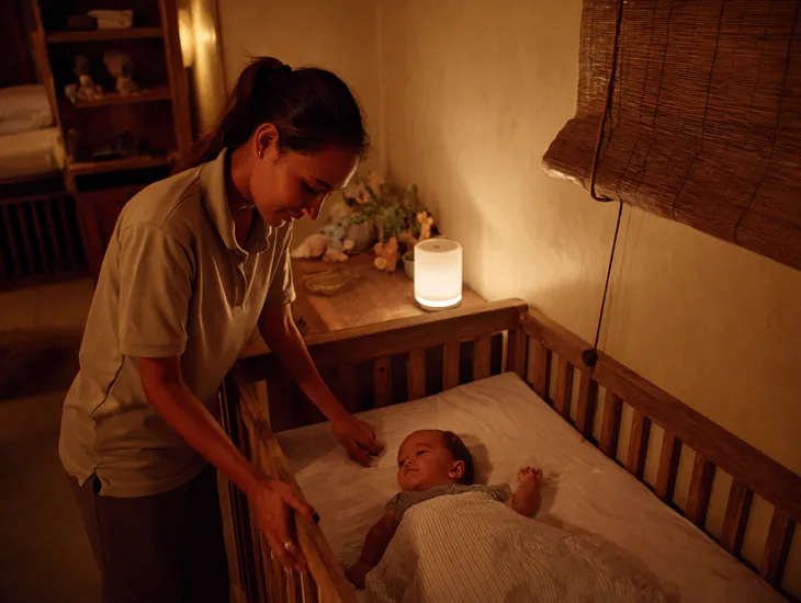 Infant Sleep Hygiene 2026 – A in Bali checking a baby's sleep environment for safety and comfort