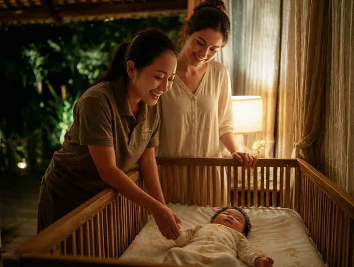 Bedtime Transitions 2026 – A professional caregiver in Indonesia saying a final goodnight to a drowsy infant