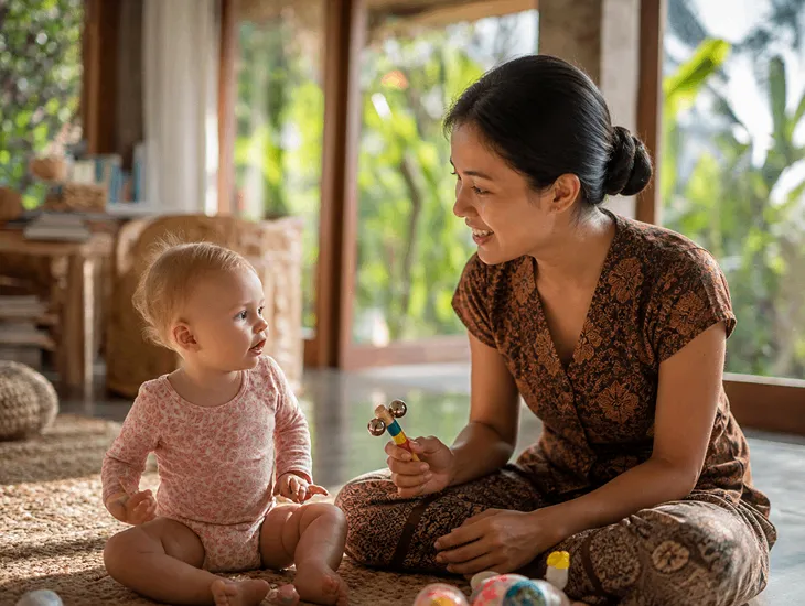 Skills Babies Learn Naturally – musical rhythm shaping speech, everyday narration in multilingual homes, and babysitters in Bali building rich early vocabularies
