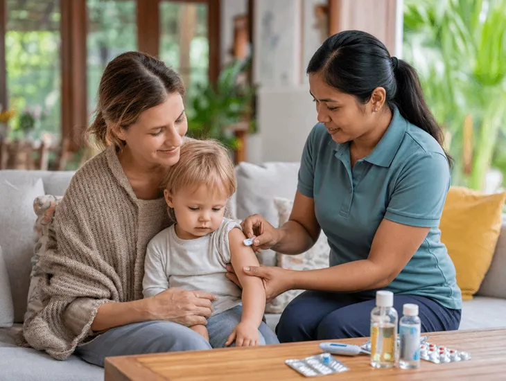 Home Medical Equipment in Bali 2026 – Professional caregiver monitoring a child's temperature with a digital thermometer