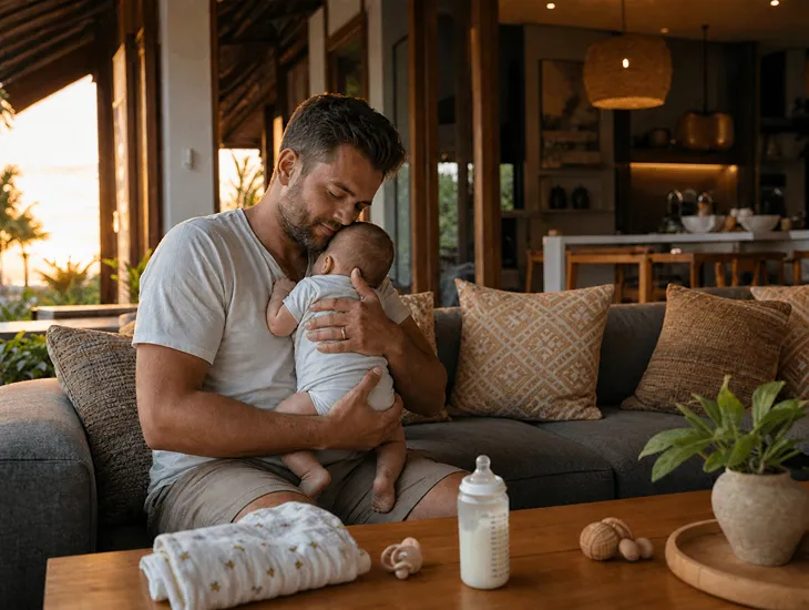 Infant Care in Indonesia 2026 – A calm caregiver assisting an exhausted mother to reduce household stress