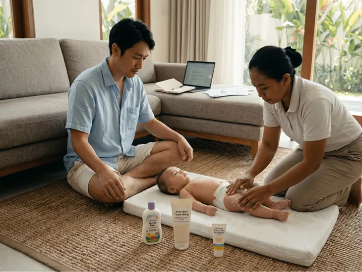 Babysitter in Bali 2026 – Professional caregiver applying safe moisturizer for an infant
