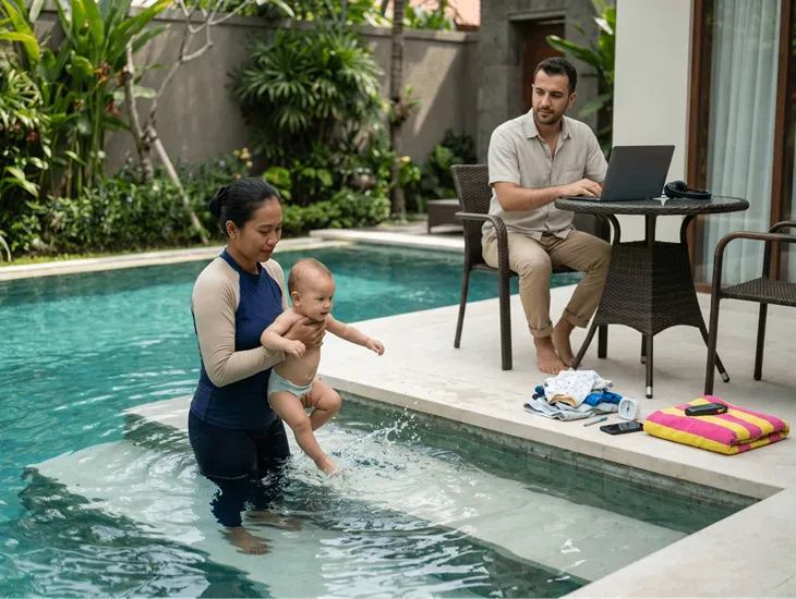 Pool Safety in Indonesia 2026 – Professional babysitter supervising infant water play