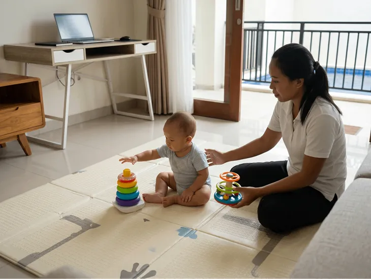 Baby Skipping Crawling Stage 2026 – Supervised floor play, motor development monitoring, and infant safety in a villa in Bali