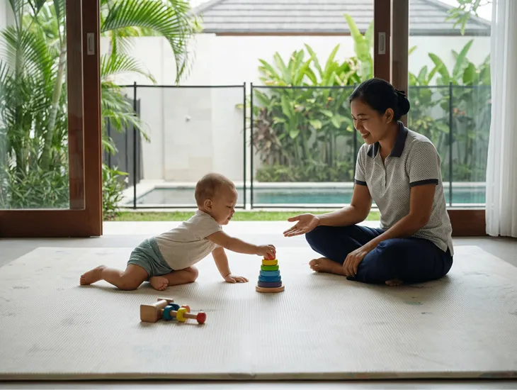 Infant Motor Development in Bali 2026 – Professional caregiver encouraging independent movement and tummy time for expatriate children