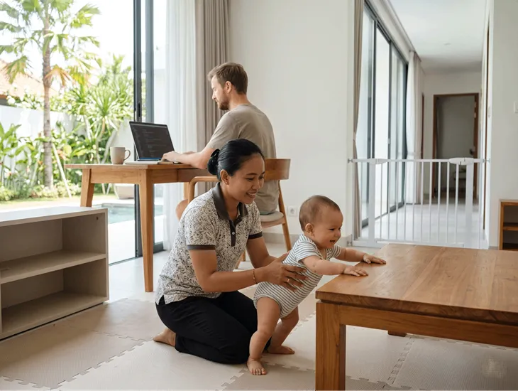Child Safety in Bali 2026. A certified babysitter implementing pool security and environmental hazard checks for mobile toddlers