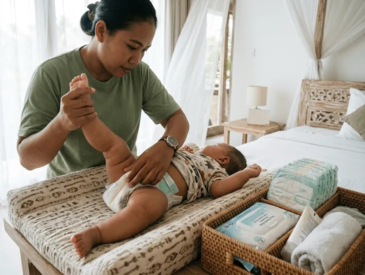 Infant care in Indonesia 2026 – Careful diaper changes and skin checks by a dedicated babysitter