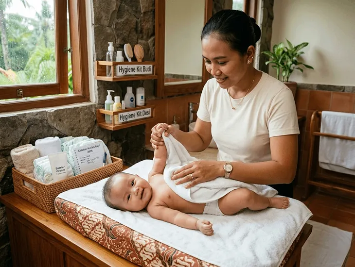 Baby wellness in Bali 2026 – Caregiver checking for fungal symptoms during the tropical rainy season