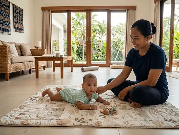 Motor Skill Support in Bali 2026 – Caregiver assisting an infant with progressive belly play exercises on a firm mat