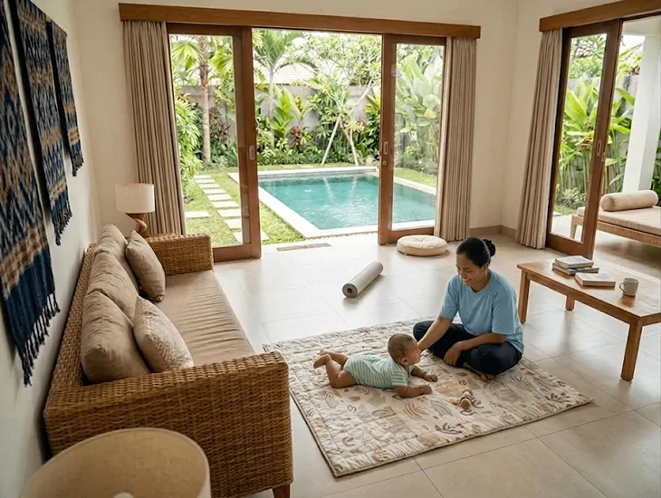 Infant Safety in Bali 2026 – Professional babysitter supervising awake floor play on a safe firm surface