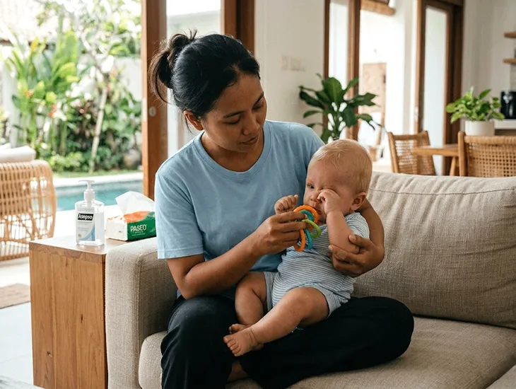 Infant Eye Care in Bali 2026 – Caregiver gently preventing an infant from touching a sensitive face