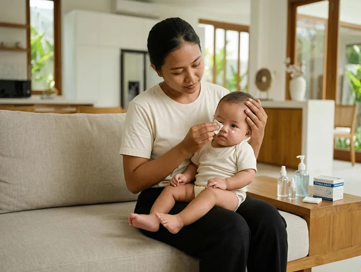 Pediatric Hygiene in Indonesia 2026 – Caregiver wiping an infant face with a sterile cloth