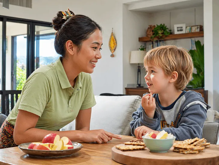 Healthy Eating Habits for Kids in Bali 2026. Caregivers eating balanced meals with children and using positive food language
