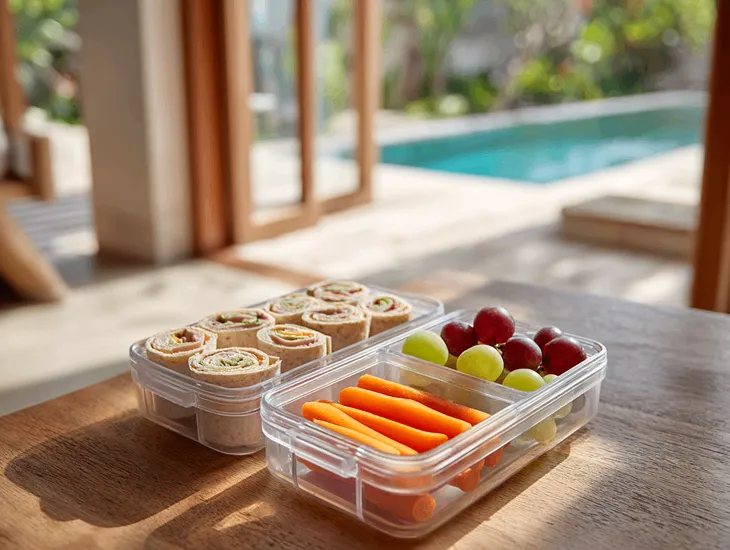 Lunchbox Ideas Kids 2026 – Fresh tropical fruit cutting, vegetable prep, and safe food storage in a modern kitchen
