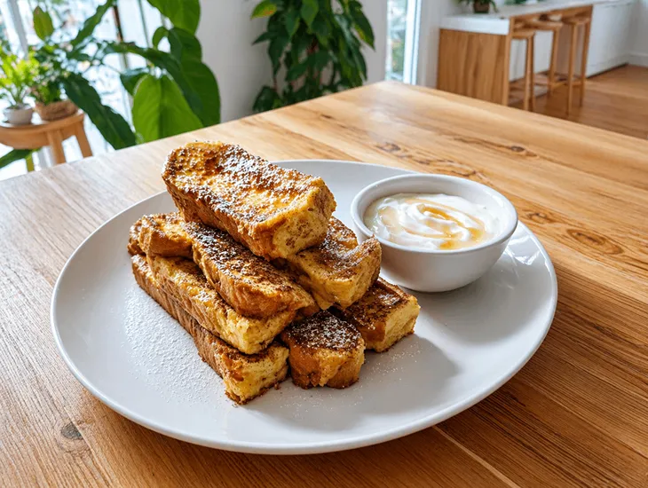 Easy Breakfast Ideas for Kids – French toast with eggs, whole grain bread, and fresh fruit sides for a weekend-feel breakfast that still stays balanced