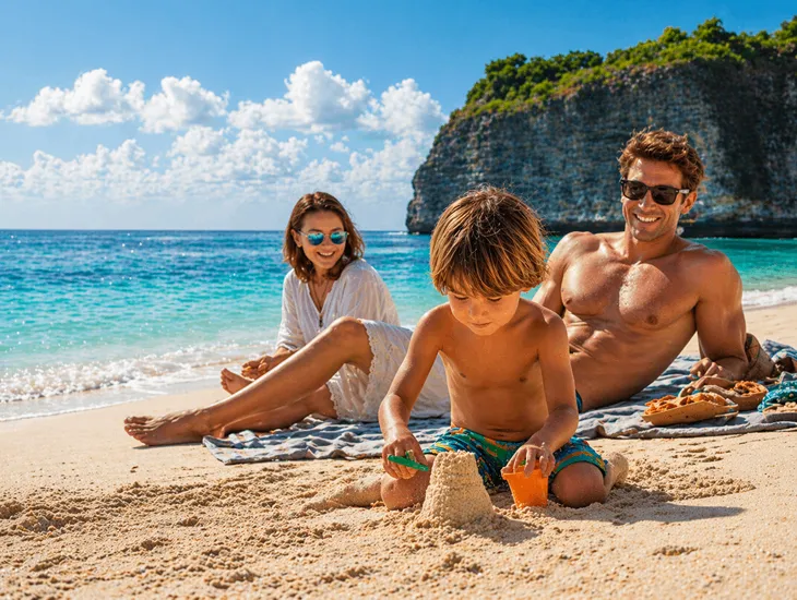 Screen-Free Activities for Kids in Bali 2026 – sandcastle play at Pandawa Beach, supervised shell collecting, and active games by the calm shoreline without device