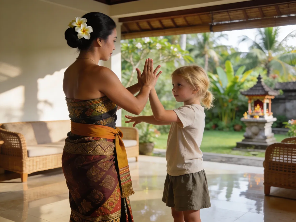Cultural Activities in Bali 2026 – Babysitter guiding a toddler through simple traditional steps