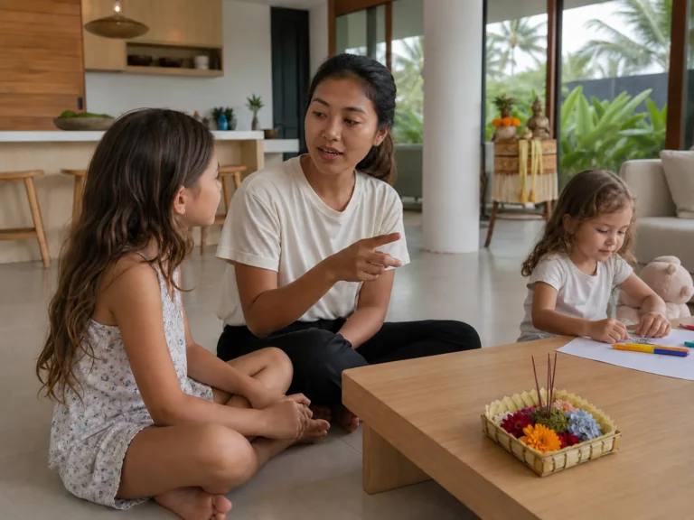 Babysitter in Bali 2026 – Vetted professional caregiver explaining local traditions to children