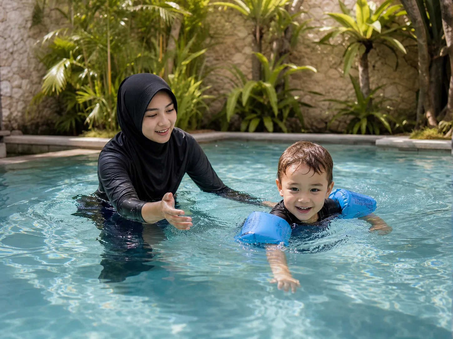 Babysitter in Bali 2026 – Caregiver supervising children safely near a private villa swimming pool