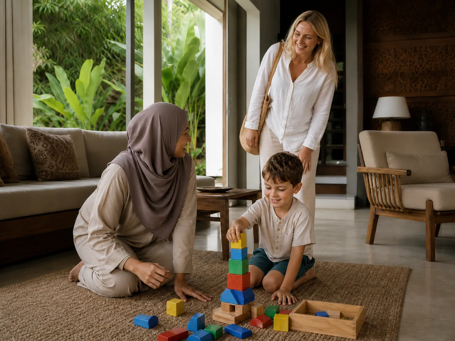 Muslim Babysitter in Bali 2026 – Happy toddler playing educational games with a skilled caregiver