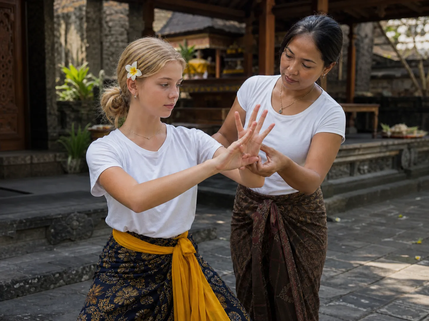 Puspanjali Dance for Teens in Bali 2026 – Teen practicing hand gestures with a caregiver