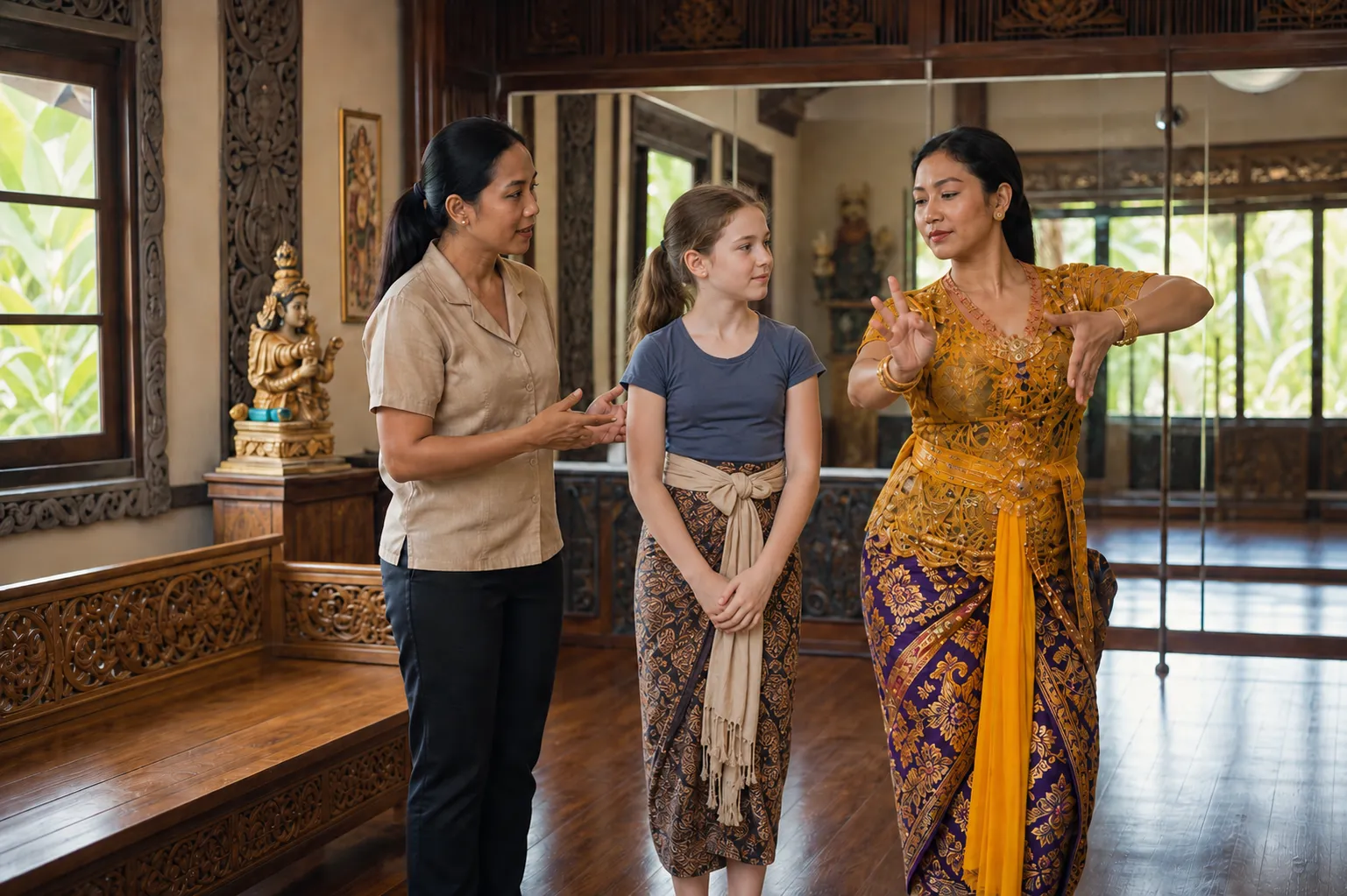 Puspanjali Dance for Teens in Bali 2026 – Caregiver speaking with local dance instructor