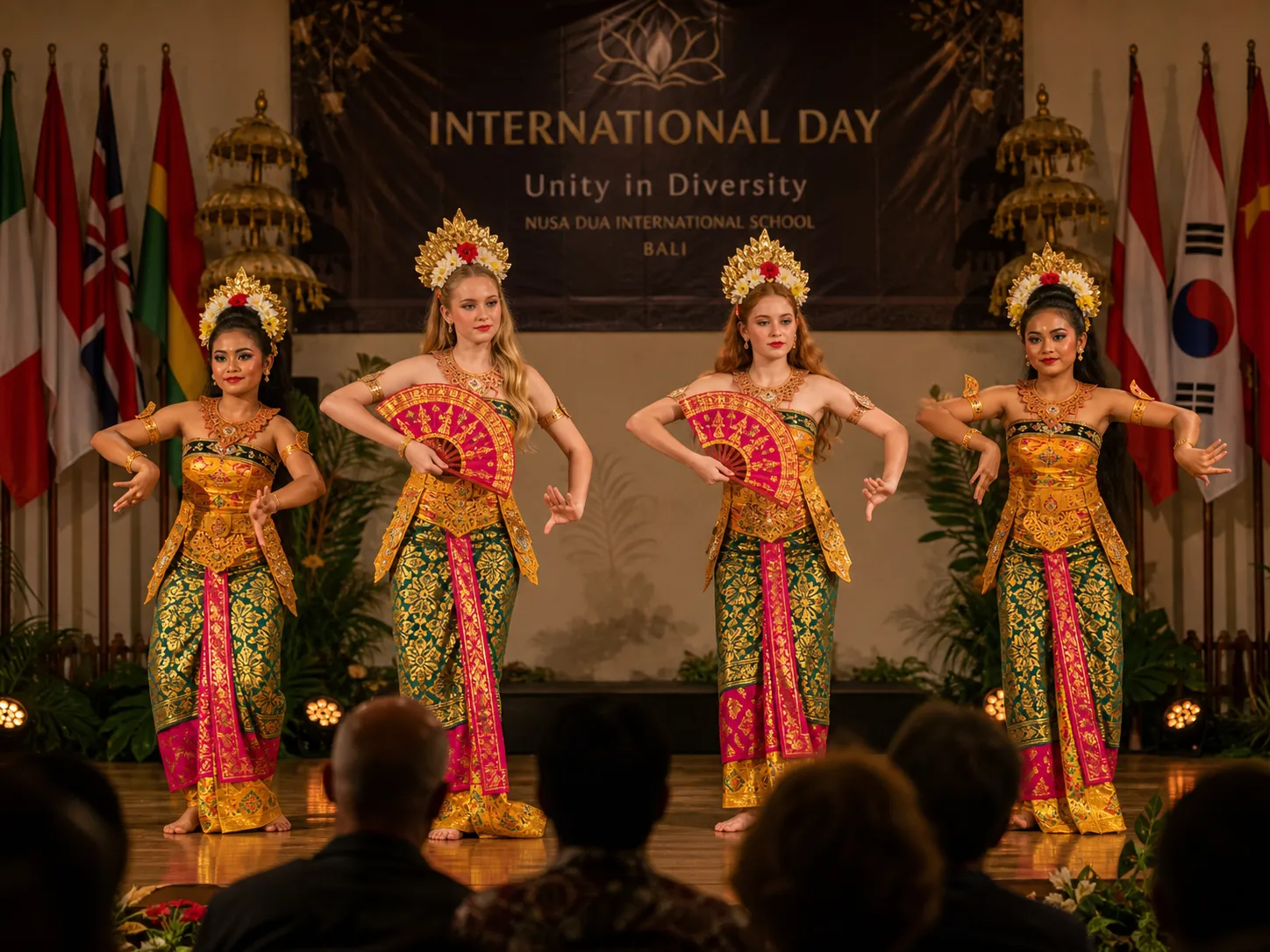 Legong Dance in Bali 2026 – sisters rehearsing in a local banjar, professional caregiver managing practice and transport so expatriate parents can focus on work