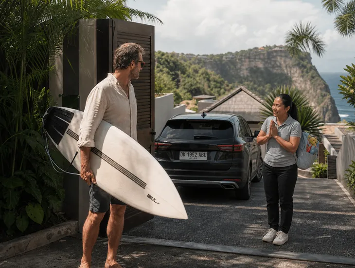 Maid and Babysitter Costs in Bali 2026 – Caregiver traveling to a private villa in Uluwatu safely