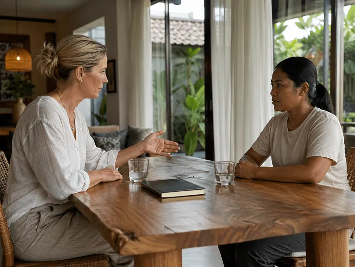 Always-Late Babysitter in Bali 2026 – Parents reviewing a professional childcare contract at the table