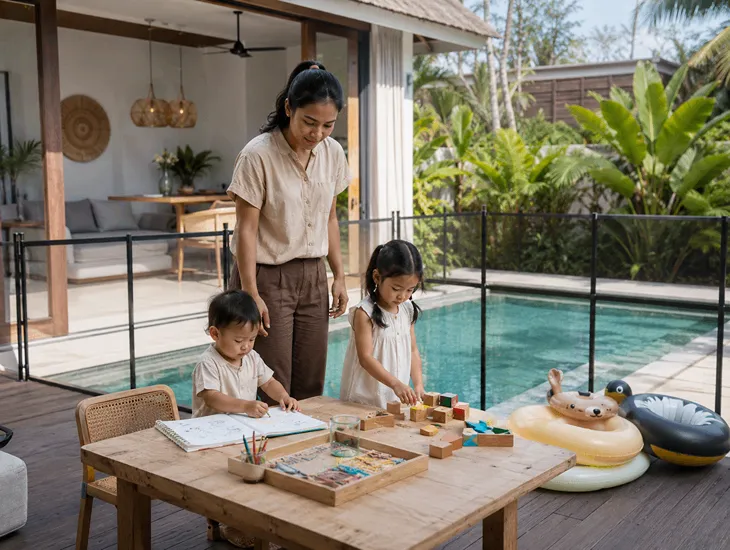 Babysitter in Bali 2026 – Professional caregiver supervising pool safety and organizing creative villa activities
