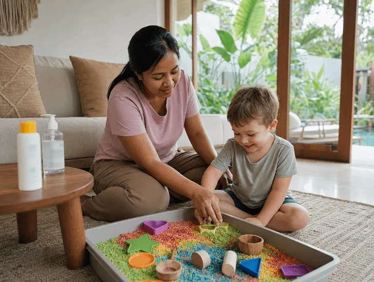 Babysitter in Bali 2026. Experienced caregiver assisting a young child with age-appropriate crafts and sensory play.
