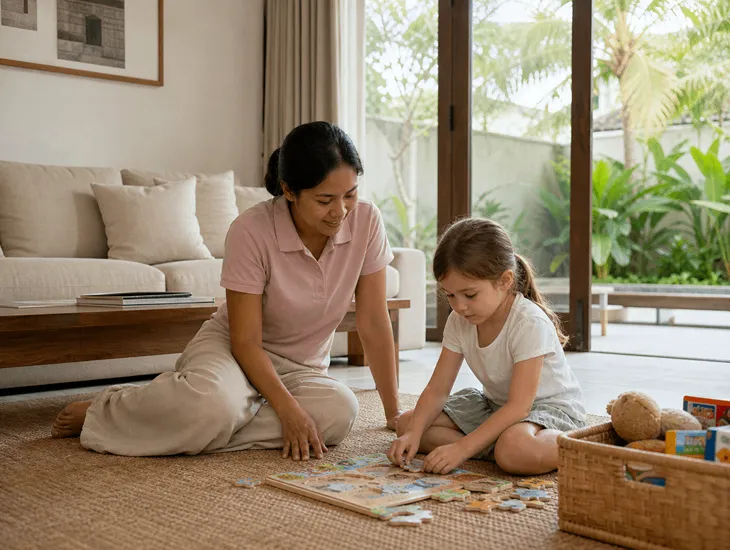 Nanny in Bali 2026 – Childcare expert managing a structured daily schedule for a preschool student.
