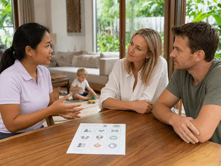 a Sitter in Bali 2026. Professional caregiver discussing boundaries with an expatriate family safely.