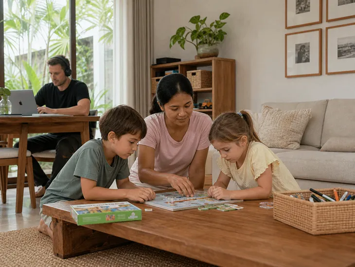 Childcare in Bali 2026. Professional caregiver supervising children during school closures.