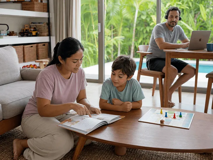 Childcare in Bali 2026. Experienced sitter assisting children with reading and board games.