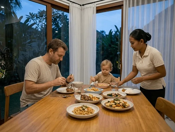 Full-Time Live-In Babysitter in Bali 2026 – Australian expatriate family enjoying dinner at home