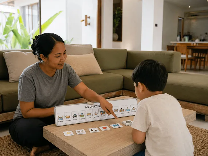 Babysitter for autism adhd or down syndrome child 2026 – Specialized caregiver utilizing visual schedules to support sensory regulation for children