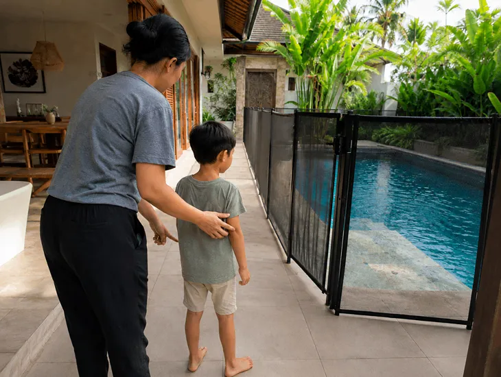 Babysitter for autism adhd or down syndrome child 2026 – Specialized caregiver implementing pool safety boundaries and constant supervision in a Bali villa